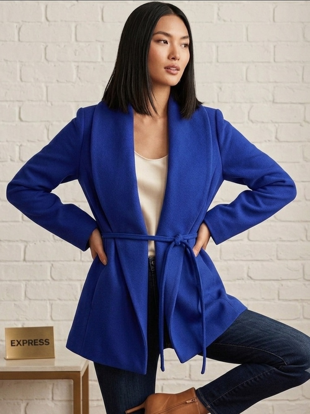 Express Royal Blue Belted Shawl-Collar Trench Coat Size XS